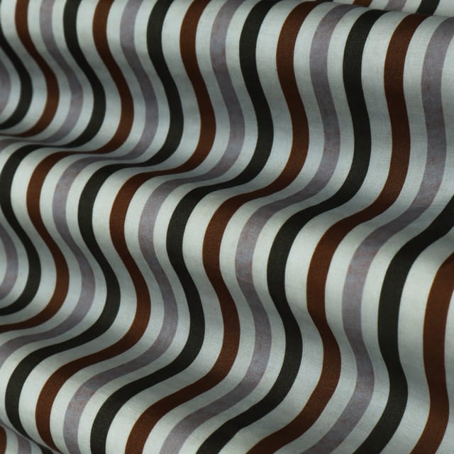 White and Brown Stripe Print Satin Silk Fabric