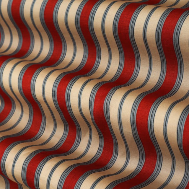 Beige and Red Stripe Print Satin Silk Fabric