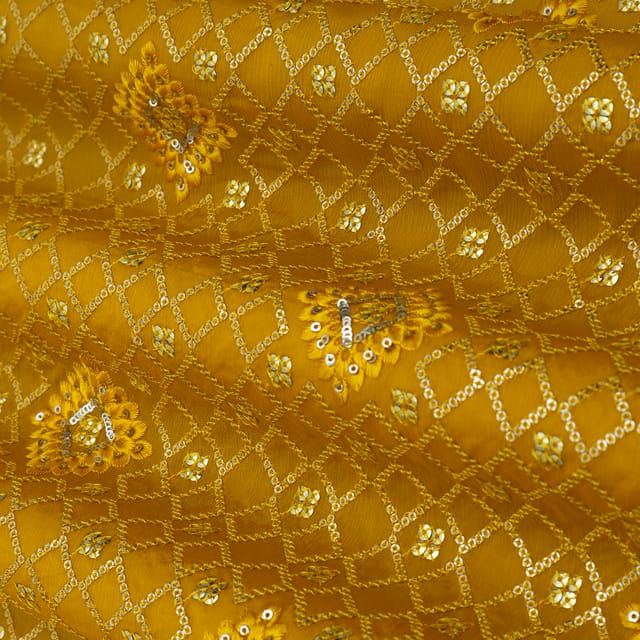 Mustard Yellow Embroidery Chinon Fabric