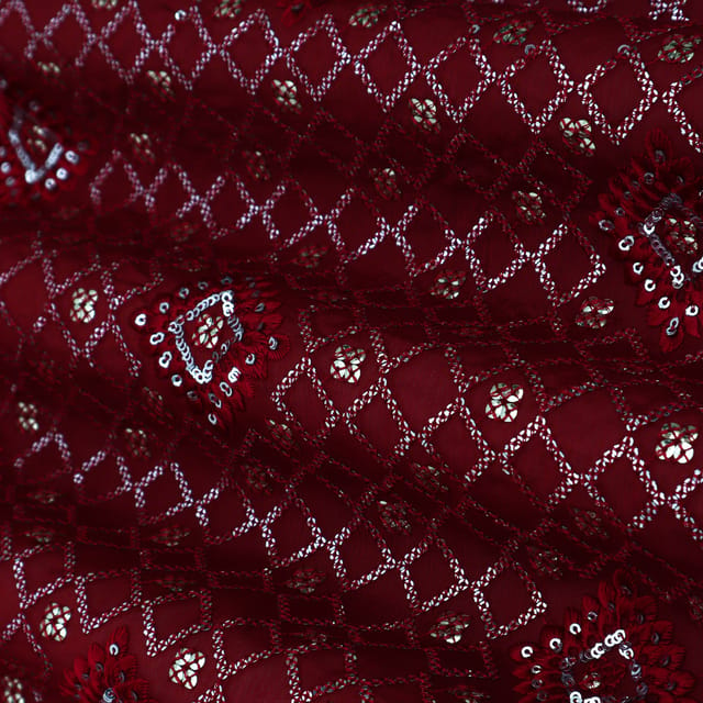 Maroon Red Embroidery Chinon Fabric