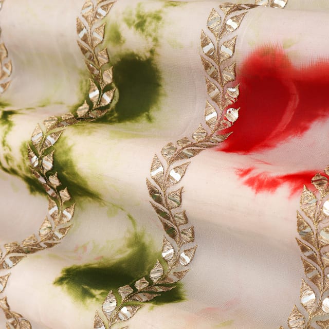 Red and Green Shibori Print Sequins Embroidery Georgette Fabric