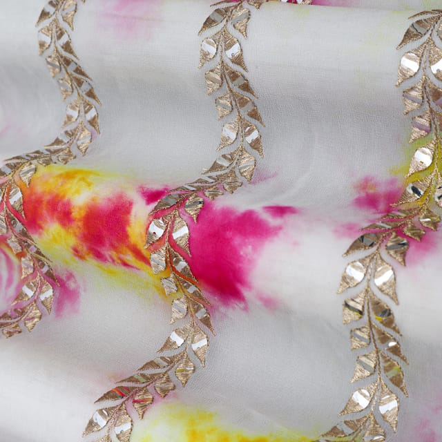 Pink and Yellow Shibori Print Sequins Embroidery Georgette Fabric