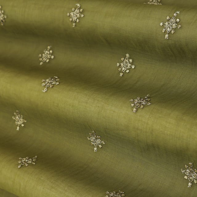Olive Green Embroidery Cotton Chanderi Fabric