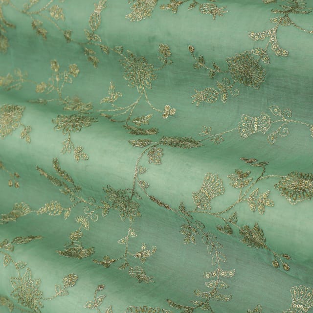Sea Blue Embroidery Cotton Chanderi Fabric