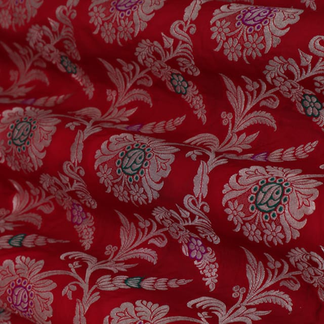 Ruby Red and Silver Weave Brocade Fabric