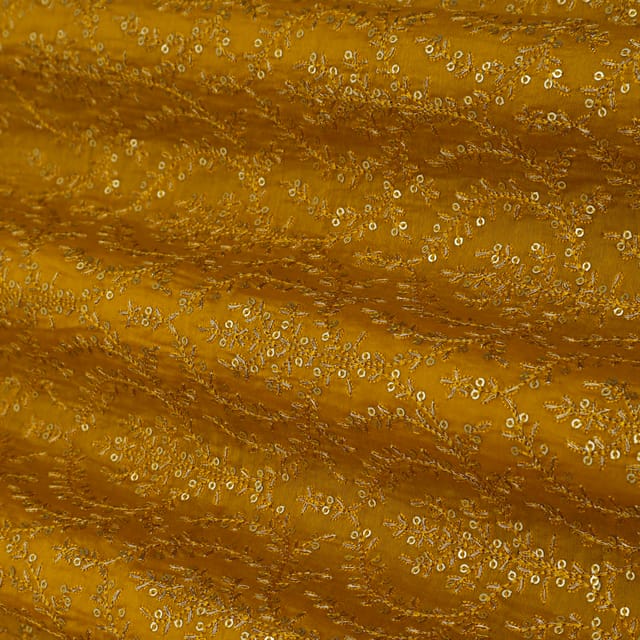 Mustard Yellow Floral Sequins Embroidery Chanderi Fabric