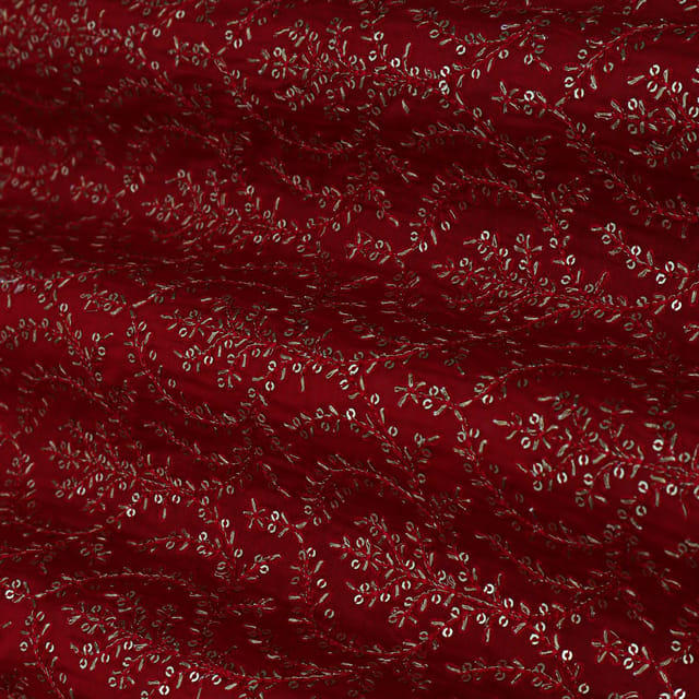 Ruby Red Floral Sequins Embroidery Chanderi Fabric