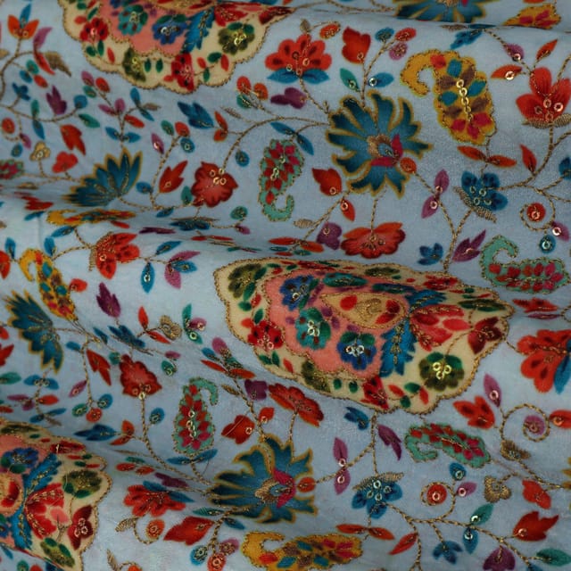 Sky Blue with Coloured Position Print Embroidery Velvet Fabric