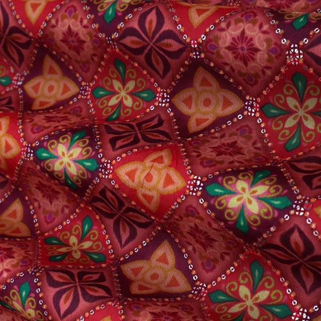 Maroon Multicoloured Position Print Embroidery Chinon Fabric