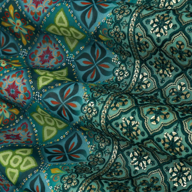 Green Multicoloured Position Print Sequins Embroidery Georgette Fabric
