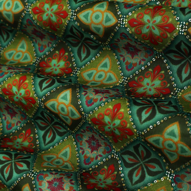 Green Multicoloured Position Print Embroidery Chinon Fabric