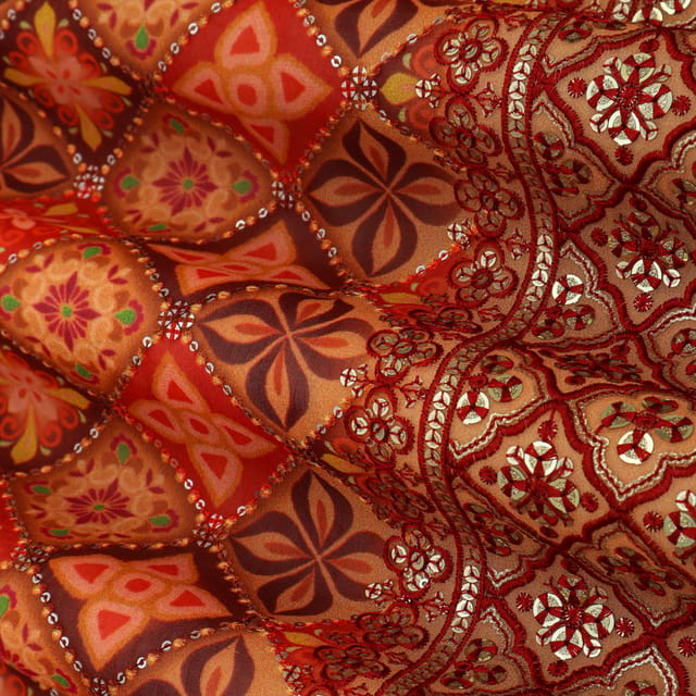 Maroon Multicoloured Position Print Sequins Embroidery Georgette Fabric