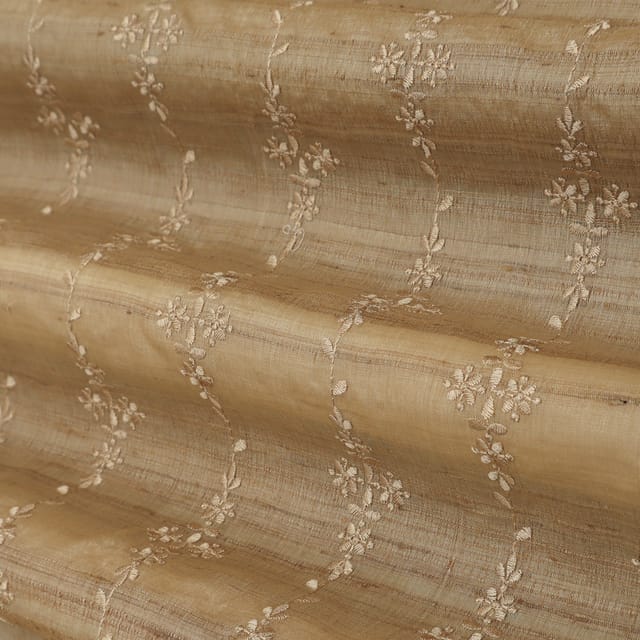 Beige Floral Embroidery Tussar Silk Fabric