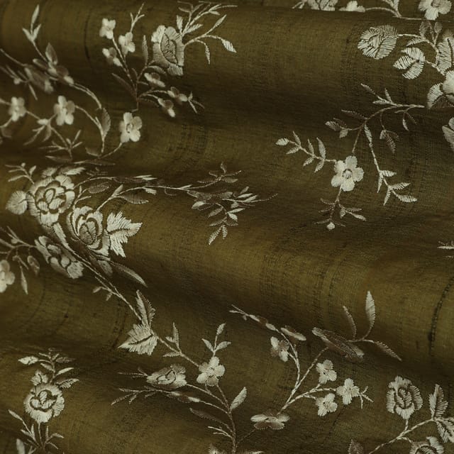 Olive Green Floral Embroidery Tussar Silk Fabric