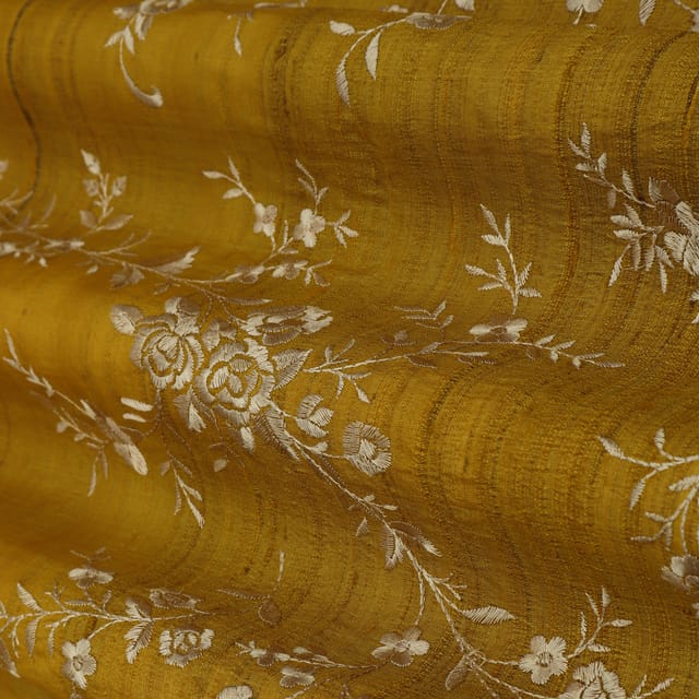 Mustard Yellow Floral Embroidery Tussar Silk Fabric
