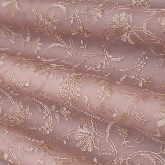 Blush Pink with Floral Embroidery Organza Fabric