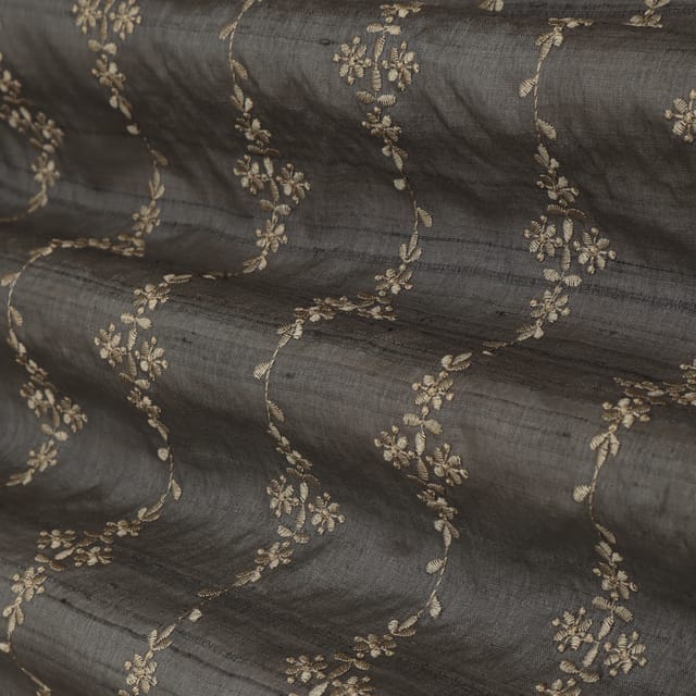 Steel Grey Floral Embroidery Tussar Silk Fabric