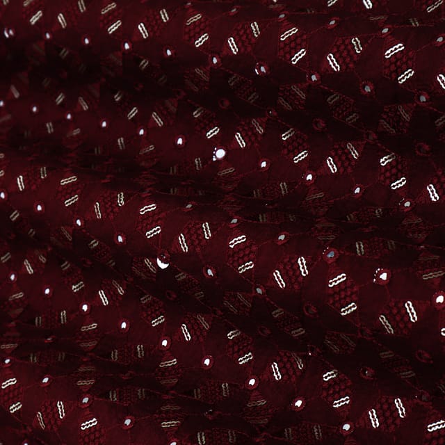 Maroon Red Threadwork Embroidery Slub Silk Fabric