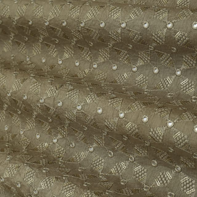 Steel Grey Threadwork Embroidery Slub Silk Fabric