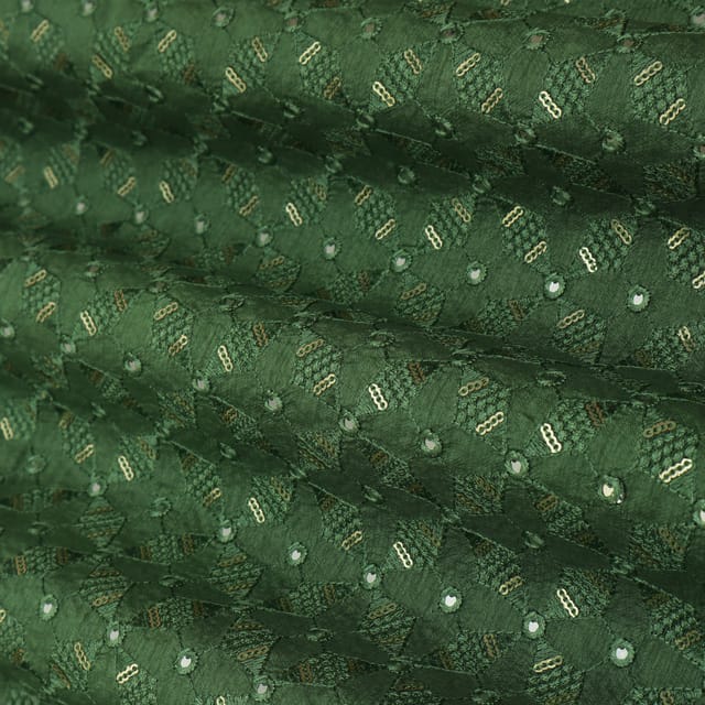 Sage Green Threadwork Embroidery Slub Silk Fabric