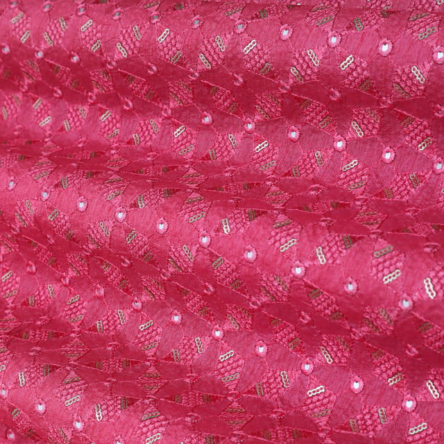 Baby Pink Threadwork Embroidery Slub Silk Fabric