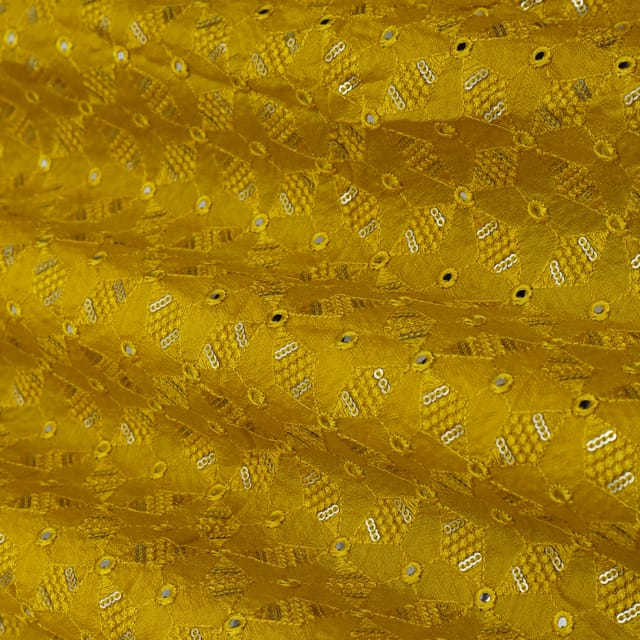 Mustard Yellow Threadwork Embroidery Slub Silk Fabric