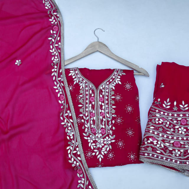 Magenta Pink Embroidery Chiffon Suit Set