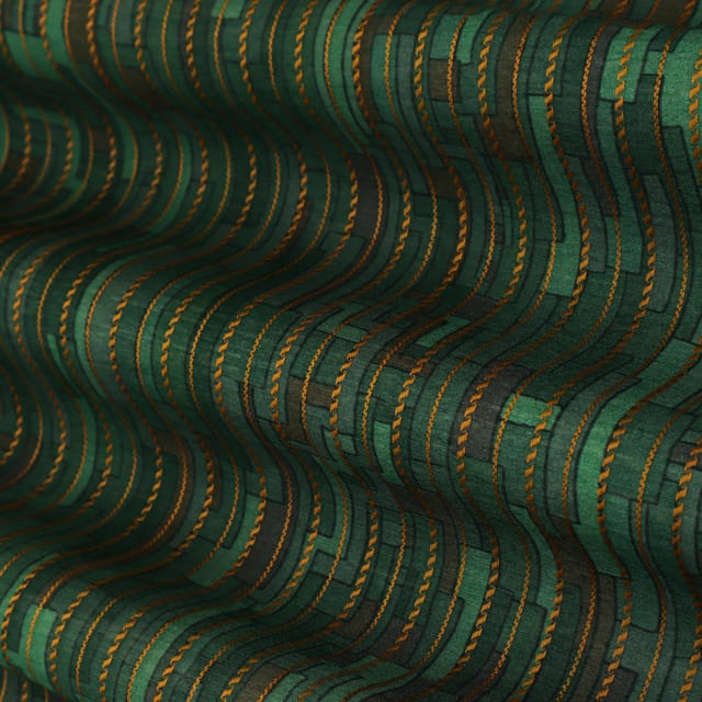 Forest Green Print and Embroidery Tussar Silk Fabric