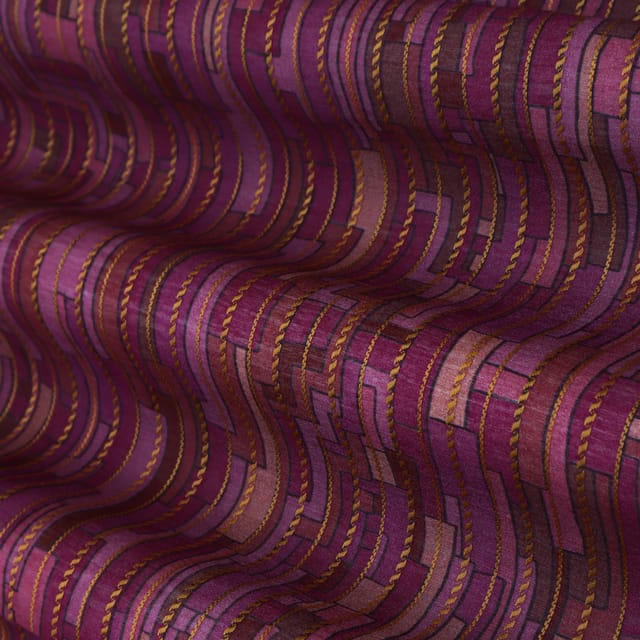 Mauve Purple Print and Embroidery Tussar Silk Fabric