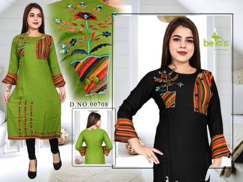 Rs 278/Piece - SITK-99 Rayon Embroidered Work Knee Length Straight Kurti for Women Set Of 4, D00708