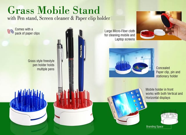Grass Mobile Stand With Pen Stand, Screen Cleaner & Paper Clip Holder