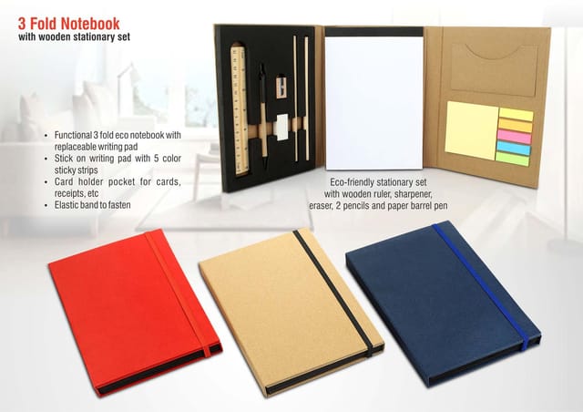 3 FOLD NOTEBOOK WITH WOODEN STATIONARY SET