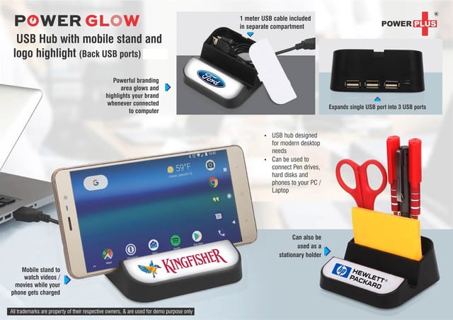 PowerGlow USB Hub With Mobile Stand And Logo Highlight (Back USB Ports)