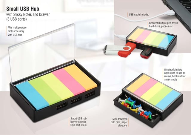 Small USB Hub With Sticky Notes And Drawer | 3 USB Ports