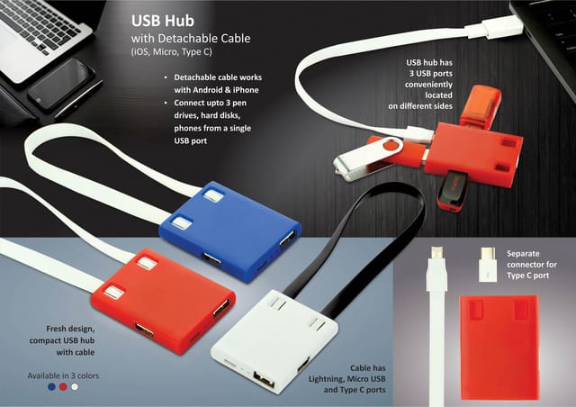 USB Hub With Detachable Cable (IOS, Micro, Type C) | 3 USB Ports