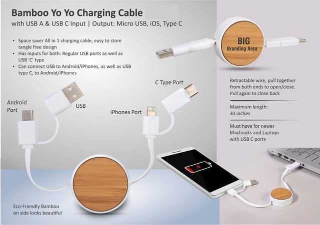 Bamboo Yo Yo Charging Cable With USB A & USB C Input | Output: Micro USB, IOS, Type C