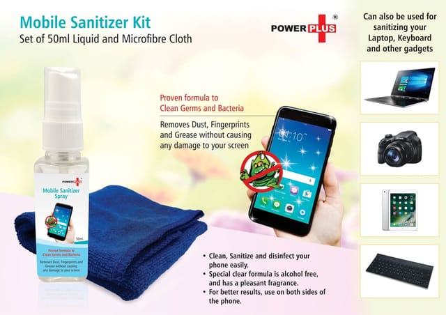 Power Plus Mobile Sanitizer Kit (Set Of 50ml Liquid And Microfibre Cloth)