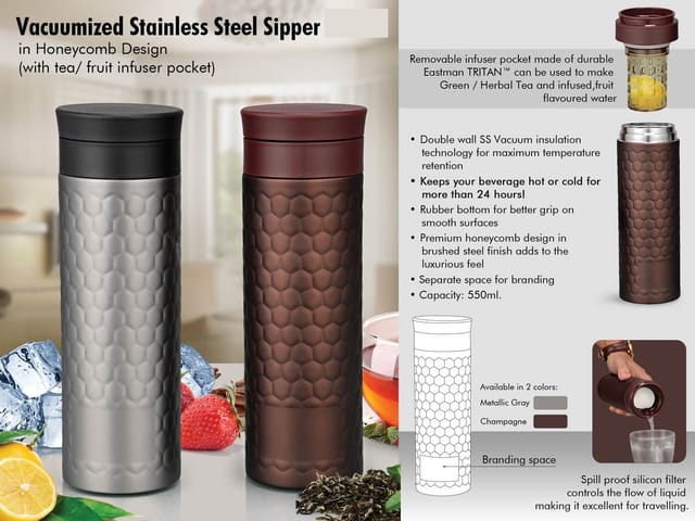 Vacuumized Tea/ Fruit Infuser SS Sipper In Honeycomb Design (550 Ml)