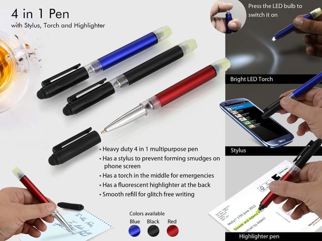 4 In 1 Pen With Stylus, Torch And Highlighter