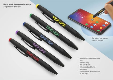 Metal Black Pen With Color Stylus | Logo Matches Stylus Color