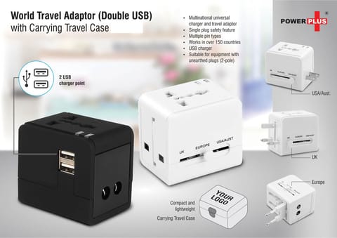 World Travel Adaptor (Double USB) With Carrying Travel Case