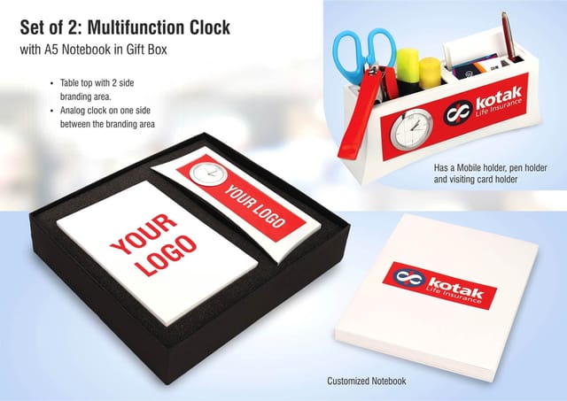 Set Of 2: Multifunction Clock With A5 Notebook In Gift Box | Branding Included MOQ 200 Pc