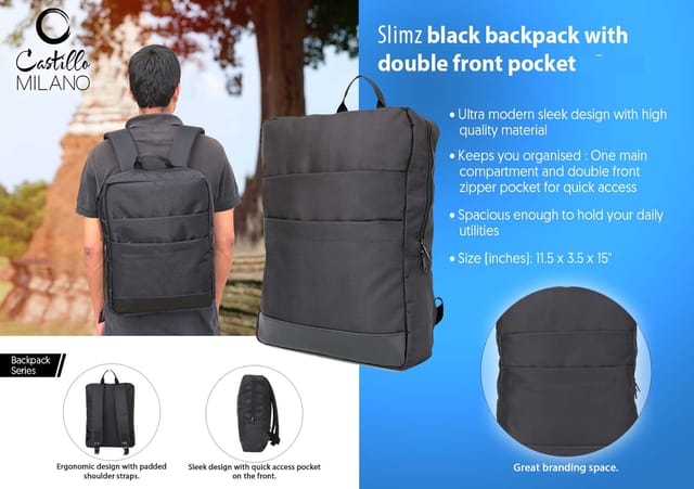 Slimz Black Backpack With Double Front Pocket By Castillo Milano