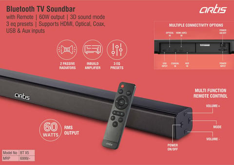 Artis Bluetooth TV Soundbar With Remote | 60W Output | 3D Sound Mode | 3 Eq Presets | Supports HDMI, Optical, Coax, USB & Aux Inputs (BTX5) (MRP 6999)