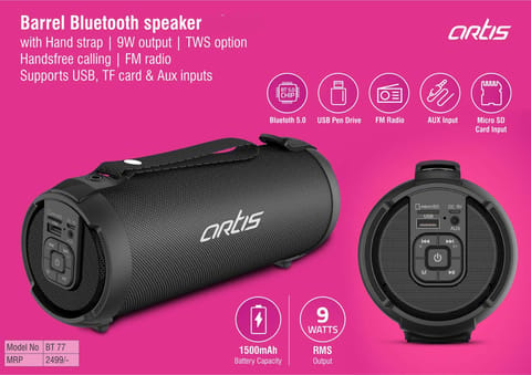 Artis Barrel Bluetooth Speaker With Hand Strap | 9W Output | TWS Option | Handsfree Calling | FM Radio | Supports USB, TF Card & Aux Inputs (BT77) (MRP 2499)
