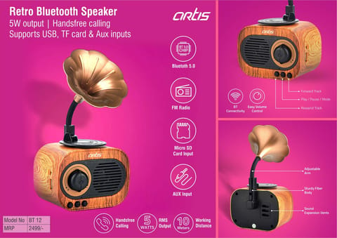 Artis Retro Bluetooth Speaker | 5W Output | Handsfree Calling | Supports USB, TF Card & Aux Inputs (BT12) (MRP 2499)