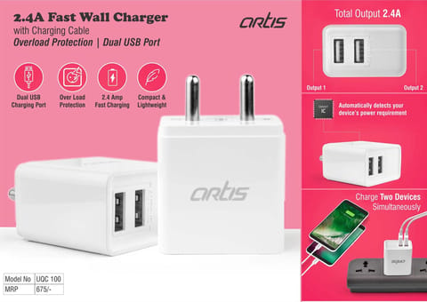 Artis 2.4A Fast Wall Charger With Micro USB Charging Cable | Overload Protection | BIS Certified | MRP 675