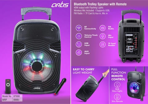 Artis Bluetooth Trolley Speaker with Remote | 40W output with Flashing lights | Wireless Mic included | Supports USB, FM Radio, TF card, Aux in, Mic In (BT908) (MRP 8999)