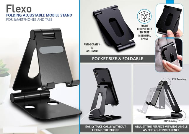 Flexo: Folding Metal Mobile Stand for Smartphones and Tabs | Folds completely to take minimal space | 3 fold style with double angle adjustment