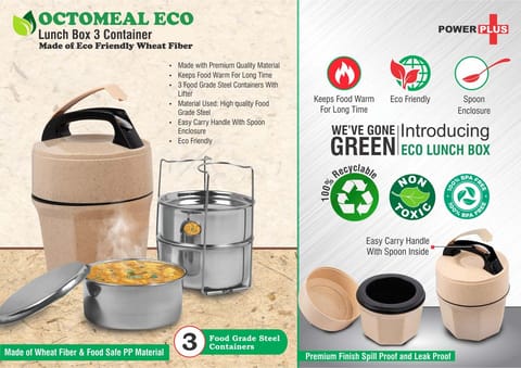 Octomeal Eco: 3 Steel Container Lunch Box With Spoon | Made From Eco Friendly Material | 100% Recyclable